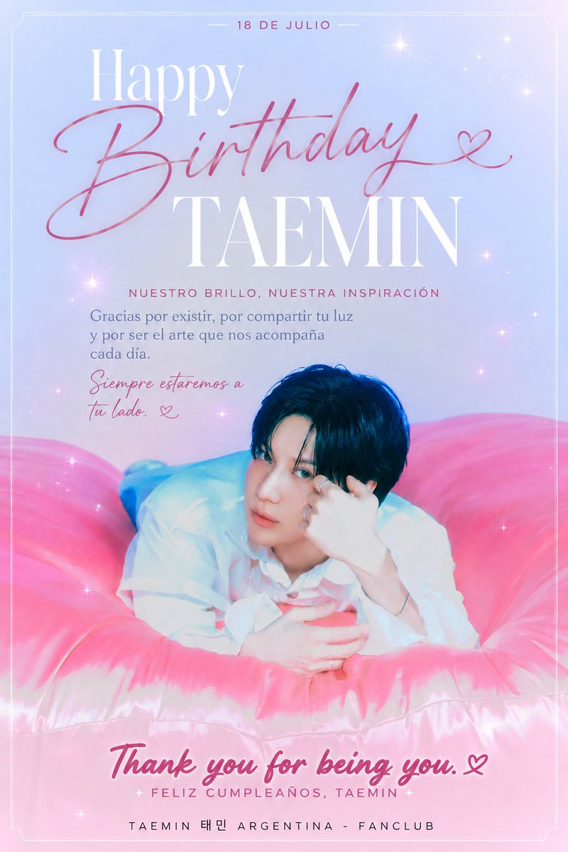 TaeminArgentina's tweet photo. 🎂✨ Hoy celebramos a la persona que convirtió el arte, la pasión y la sensibilidad en una forma de inspirar al mundo.

💌 ¡Feliz cumpleaños, Taemin! Feliz cumpleaños a nuestro eterno artista.

Con todo nuestro cariño, TAEMIN 태민 ARGENTINA - FANCLUB 🇦🇷

#HAPPYTAEMINDAY 
#여름에피어난_태민이의계절 
#HAPPY_TAEMINBDAY

@Taemin_Xoalsox_