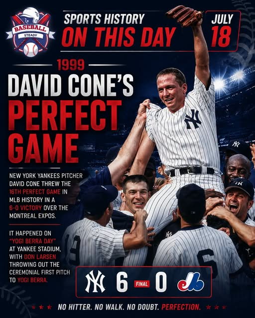 SportsSteady's tweet photo. On July 18, 1999, Cone threw the 16th perfect game in MLB history, leading the Yankees to a 6-0 victory over the Montreal Expos. https://t.co/1JT3vsI824