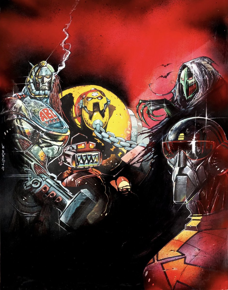 Simon_Bisley's tweet photo. ABC Warriors 2000AD splash page (1987) https://t.co/v3mah5coOK
