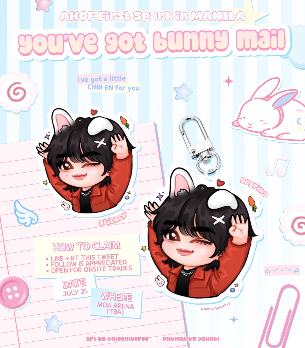 wootengyu's tweet photo. AHOF First Spark in MANILA ૮₍ ˶ᵔ ᵕ ᵔ˶ ₎ა 
some #CHIHEN freebies 🤍

✦ stickers
✦ acrylic keyring (limited qty)

𐙚 july 25
𐙚 moa (tba)

how to claim
• like + rt this
• follow is appreciated
• open for onsite trades

see you there! ✨
#AHOF 
#The_First_Spark_In_Manila https://t.co/GMk1zA4iaC