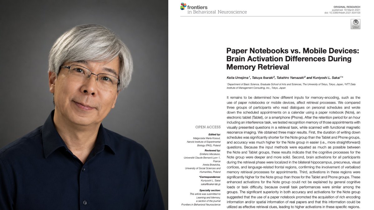 ihtesham2005's tweet photo. A Japanese neuroscientist put 48 people inside an MRI scanner and proved that writing your schedule on paper makes you remember it better than any calendar app on Earth, and the tech industry has spent the last 20 years hoping you would never read the paper.

His name is Keita Umejima.

He works inside the Sakai Lab in the Graduate School of Arts and Sciences at the University of Tokyo, and the paper was published in 2021 in a journal called Frontiers in Behavioral Neuroscience.

The finding is clean enough that it should have changed how every person on Earth writes down their schedule.

The experiment was so simple. His team recruited 48 university student volunteers between 18 and 29 and split them into three groups of 16 each.

Every participant was asked to read a set of dialogues about personal schedules and then record all the appointments into a calendar.

One group used a paper notebook and a pen. The second group used a stylus on an electronic tablet. The third group typed the appointments into a smartphone.

Then the researchers made them wait for a full hour, with a deliberate distraction task in the middle so no one could quietly rehearse the schedule in their head.

When the hour was up, every participant was slid into an fMRI machine and asked multiple choice questions about the appointments they had recorded, while the scanner watched the blood flow through their brains in real time.

The behavioral results came in first, and they were already brutal.

The paper notebook group finished recording their calendar in about 11 minutes. The tablet group took 14. The smartphone group took 16.

The paper group was roughly 25 percent faster than the phone group at the exact same task, and when the researchers checked whether people who preferred analog in daily life were skewing the numbers, they found the difference held either way.

The speed gap was not about familiarity with the tool. It was about how the brain was actually processing the information as it went in.

On the memory test that followed, the paper group answered the straightforward recall questions more accurately than either digital group.

They had encoded the schedule faster and remembered it more precisely, using a tool the tech industry has spent 20 years telling you was obsolete.

Then the fMRI data came in, and the picture got sharper.

When the paper notebook group tried to remember an appointment, the scanner showed strong activation across several regions of the brain at once.

The hippocampus, which is the part of the brain responsible for forming and retrieving memories, lit up far more than in either digital group. So did the precuneus, which is the region that handles spatial imagination and holds visual scenes in the mind's eye.

Language regions and visual imagery regions were also more active in the paper group than in the tablet or phone group.

The reason turned out to be something Umejima's senior author Kuniyoshi Sakai spelled out plainly in his interviews.

A page in a paper notebook is a physical location in space. The top left corner is not the same as the middle of the page. A Tuesday appointment written next to a coffee stain is not the same as a Tuesday appointment written under a doodle.

Every entry has a texture, a position, a slight variation in handwriting pressure, a physical relationship to everything else on the page.

Digital calendars strip all of that away. Every entry looks the same as every other entry. The font is identical. The spacing is uniform. Every scroll is the same motion. Every tap creates the same visual signature.

The tool that was designed to make appointments easier to record also made them almost impossible for the brain to anchor to any spatial cue.

The hippocampus, as it turns out, is not just a memory organ. It is a spatial memory organ. It evolved to help you remember which cave had the water and which grove had the fruit, and when you write something down by hand on a specific page in a specific spot, you are giving your hippocampus the same kind of hook it was designed to grab.

When you type the same thing into a phone, you give it almost nothing to grab at all.

Umejima's team is not the only lab pointing at this. A 2014 Princeton study by Pam Mueller and Daniel Oppenheimer tested 327 students on notes taken by laptop versus notes taken by hand, and the handwriting group won on every question that required real understanding.

A 2024 Norwegian study by Audrey van der Meer scanned the brains of students writing versus typing single words and found that handwriting fires up neural connectivity patterns that typing leaves completely dark.

After 3 studies, 3 countries, and 3 different methods.. the answer was the same every time.

The paper notebook is not old-fashioned. It is a memory upgrade the tech industry has spent the last 20 years quietly convincing you to give up.

Every appointment you have ever typed into a calendar app was recorded through a thinner pipe than a handwritten one. Every schedule you set on your phone this year is sitting in your brain with weaker anchors than it would have if you had written it on a page.

You do not forget your own appointments because your memory is broken. You forget them because the tool you used to record them stripped out every cue the brain needed to hold on.

The fix is the thing your grandmother already knew.

Buy a notebook. Write the thing down. The slower road is the faster one.
