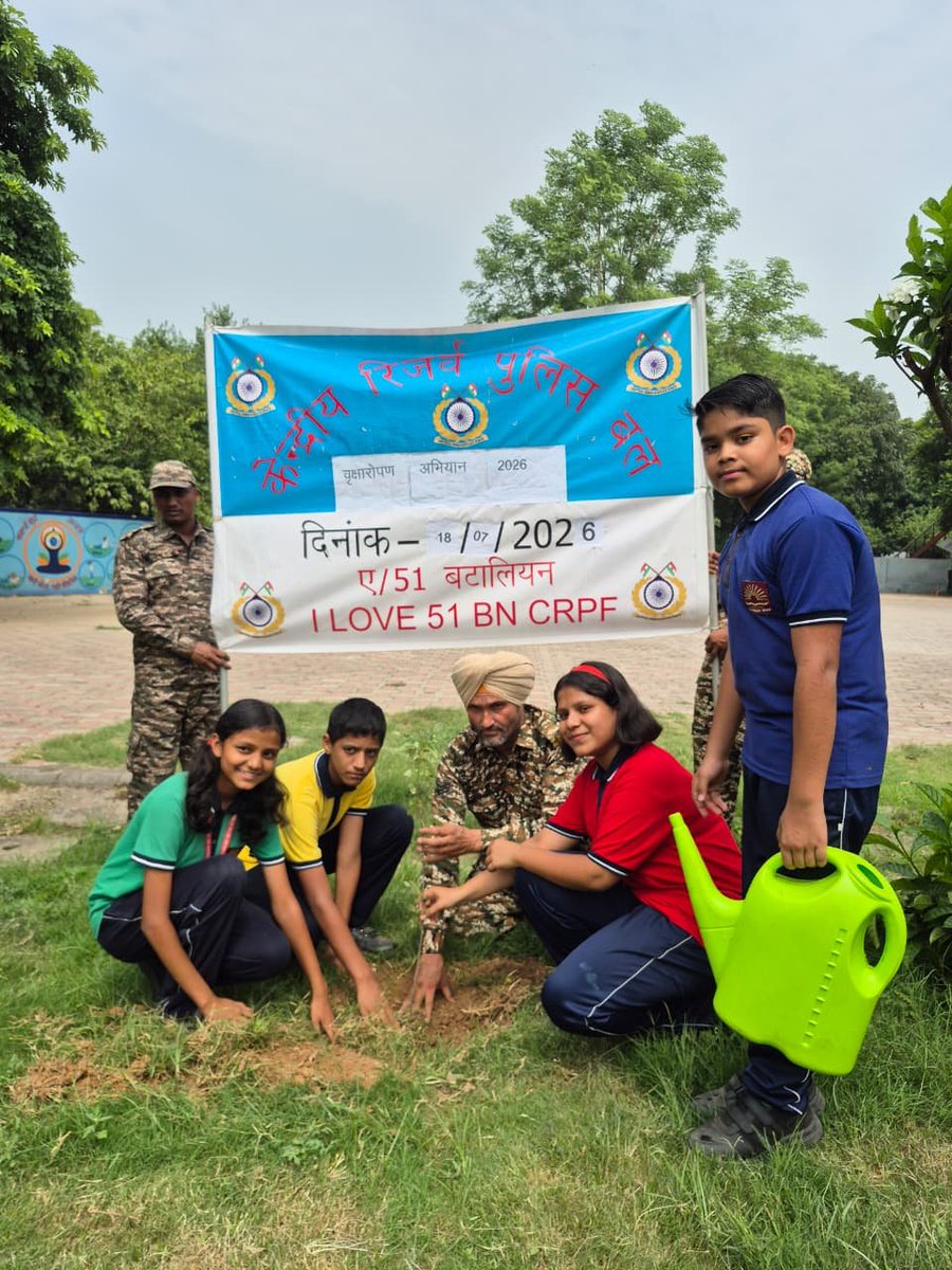 51Crpf's tweet photo. As part of #CRPF@88: A Legacy of Service &amp; Loyalty, 51 Bn CRPF organised a tree plantation drive and awareness programme with students &amp;  teachers, promoting environmental conservation and community participation. Together for a greener tomorrow. 🌱🇮🇳 #EkPedMaaKeNaam #CRPF https://t.co/ldcNCUbuV2
