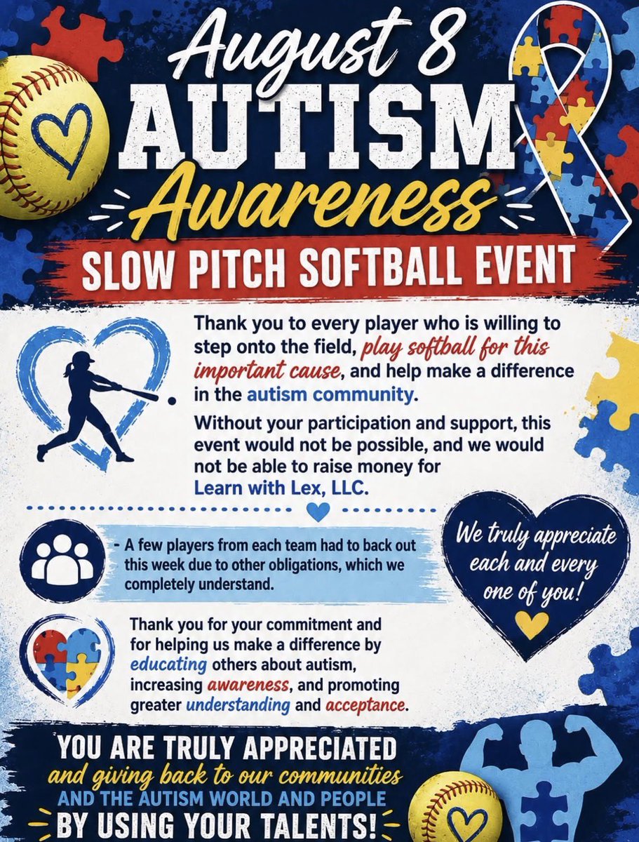 KaylaSinavage's tweet photo. Honored to represent the Blue Team in the Autism Awareness Slow Pitch Softball Game! 💙 Thank you, Agape Freedom Sport, for this opportunity. 🧩🥎 August 8 (Rain Date: August 9) 📍Jessup Youth Association Field. Adults: $8 | Students: $5.
@MaxImpactSports https://t.co/o3iDe6J1mw