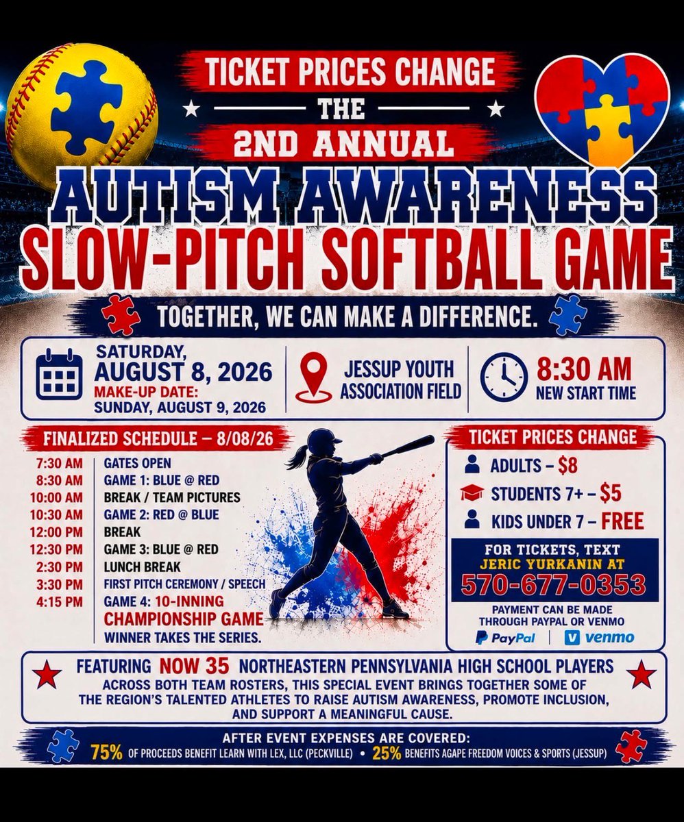 KaylaSinavage's tweet photo. Honored to represent the Blue Team in the Autism Awareness Slow Pitch Softball Game! 💙 Thank you, Agape Freedom Sport, for this opportunity. 🧩🥎 August 8 (Rain Date: August 9) 📍Jessup Youth Association Field. Adults: $8 | Students: $5.
@MaxImpactSports https://t.co/o3iDe6J1mw