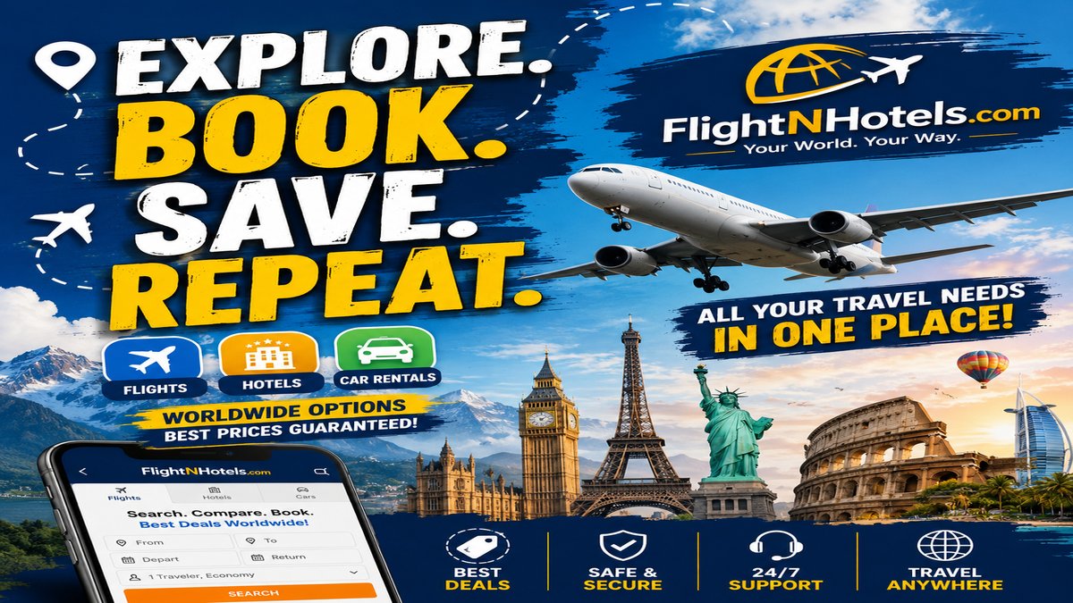 flight_Nhotels's tweet photo. 🌍 Ready for your next adventure? ✈️🏨🚗

Compare &amp; book flights, hotels, and car rentals worldwide—all in one place. Save time, discover great deals, and travel smarter.

🌐 Visit https://t.co/xWB5Ydudvo

Explore. Book. Save. Repeat.

#FlightNHotels #Travel #TravelDeals #BookNow https://t.co/OjtL9AyuzL