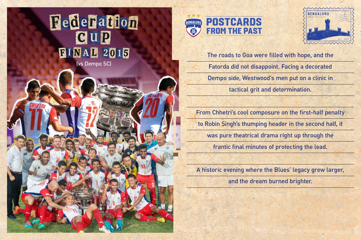 bengalurufc's tweet photo. The air in Goa was thick with tension, and history was waiting to be made. Westwood's men played with heart and grit and fought right until the very end. ๐
Federation Cup Champions, for the first time ever. ๐
#WeAreBFC #PostcardsFromThePast https://t.co/E6A0B5jbux