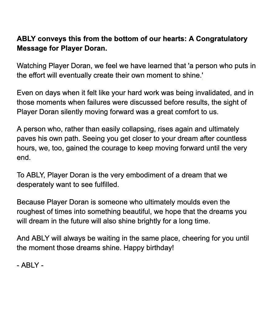 cestyannie's tweet photo. ABLY Congratulatory Message for Doran ✨♥️ https://t.co/YpKUzwCKqq