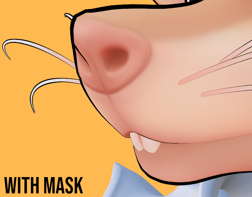 Raxxmus's tweet photo. Been experimenting with the Poiyomi outline mask feature and I'm finding it a lot easier to work with than editing mesh hulls. 

I'm trying to find more information on painting mask maps like this so if anyone has any general tips to share I'd appreciate it :) https://t.co/NzMo7OSVJr