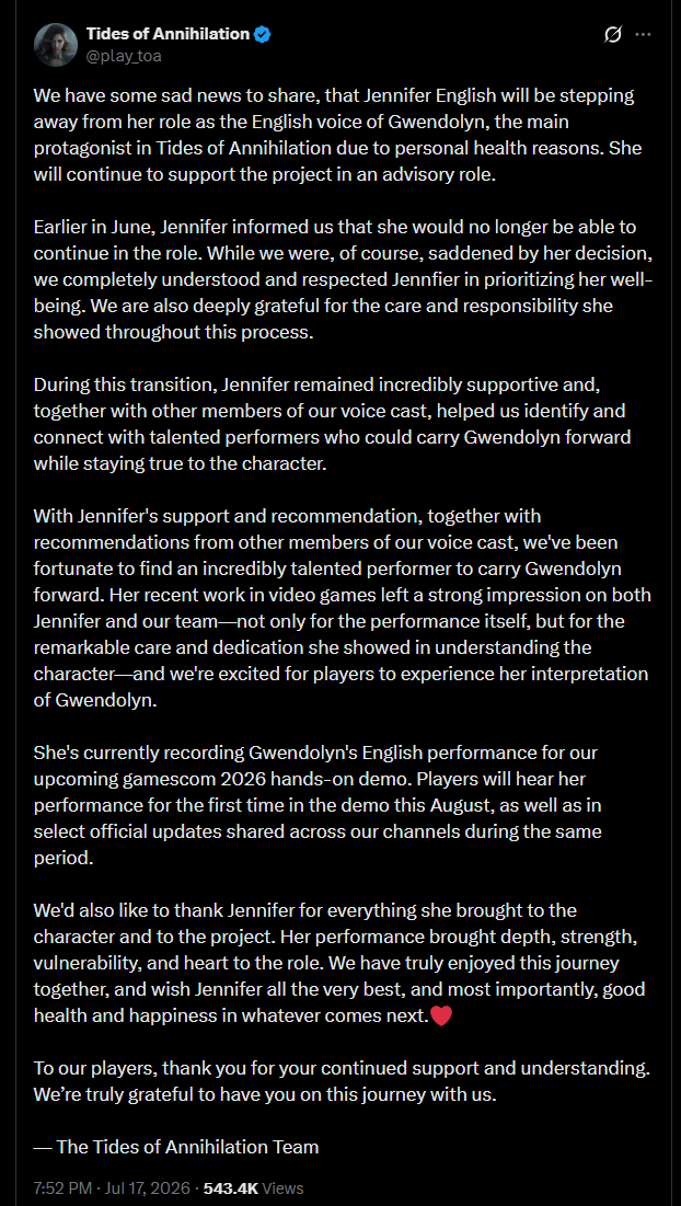 Wario64's tweet photo. Tides of Annihilation - Jennifer English stepping down as English voice of Gwendolyn due to personal health reasons

New VA currently recording for gamescom demo, to be revealed next month https://t.co/1jPLUvSIag