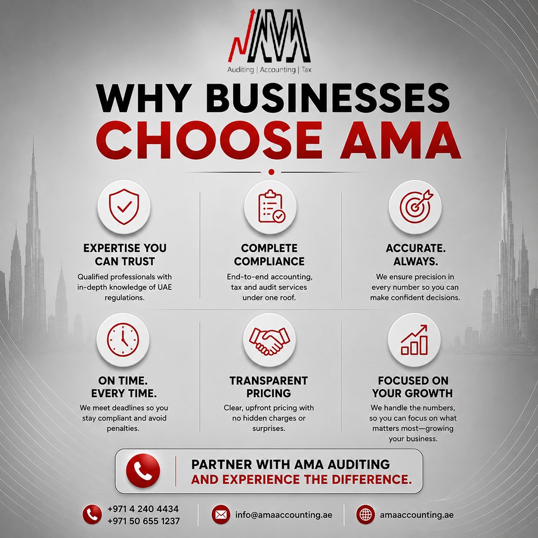 ama_auditing's tweet photo. At AMA, we help businesses make confident financial decisions. Partner with our team for reliable accounting &amp; audit solutions tailored to your business needs.

📱 +971 4 240 4434
📞 +971 50 655 1237
📧 info@amaaccounting.ae
🌐 https://t.co/9bxR8DFg54 https://t.co/zXO66Av3bd