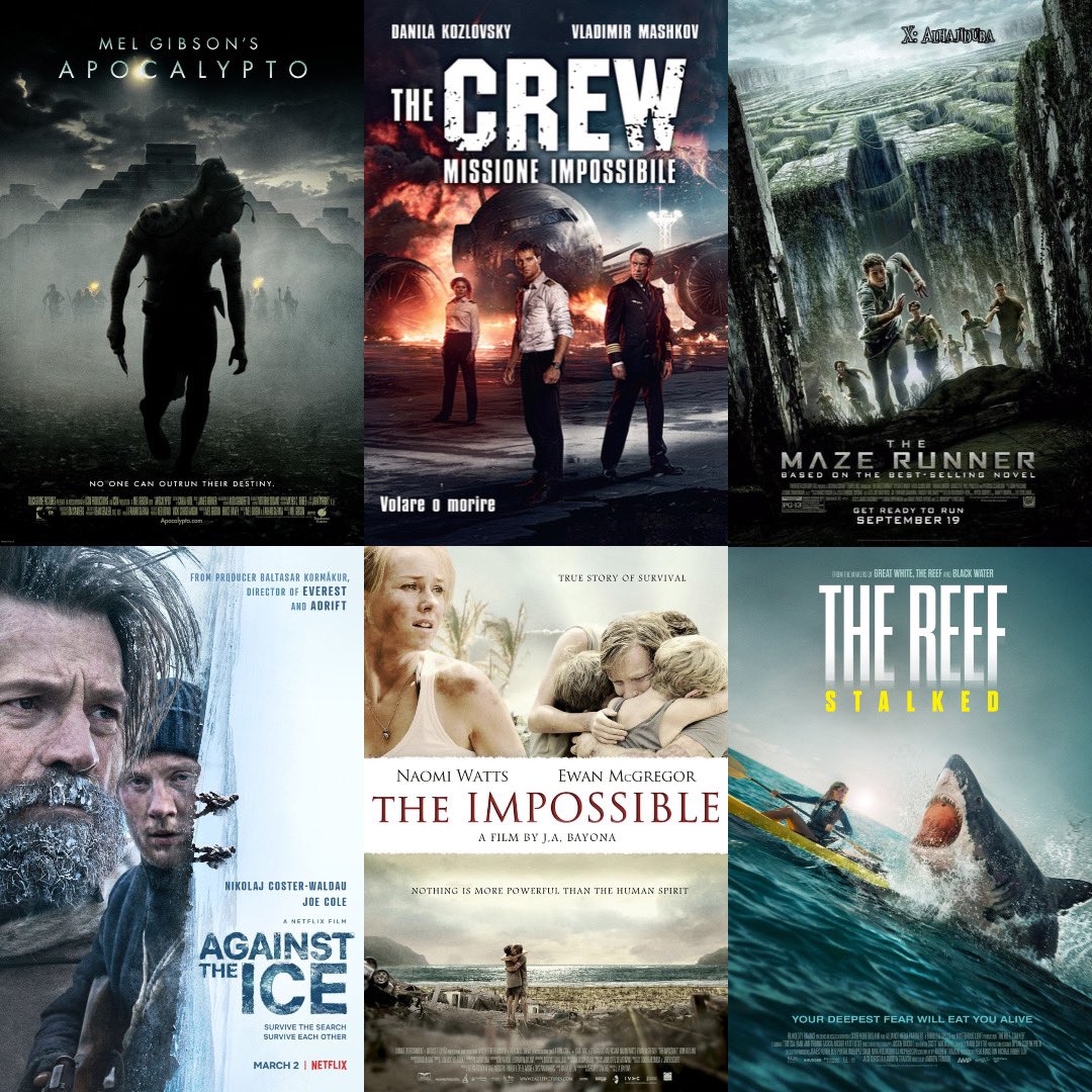Alhajiduba's tweet photo. TOP SURVIVAL MOVIES TO WATCH.
Part 1

1. The Maze Runner 1-3
2. Final Destination 1-6
3. Gorge
4. Solo
5. Against the ice 
6. The day after tomorrow
7. The Wave
8. The Crew (2016)
9. Tunnel
10. Apocalypto 
11. The Reef
12. Deepwater horizon
 13. The impossible https://t.co/qUE8QAJxQ6