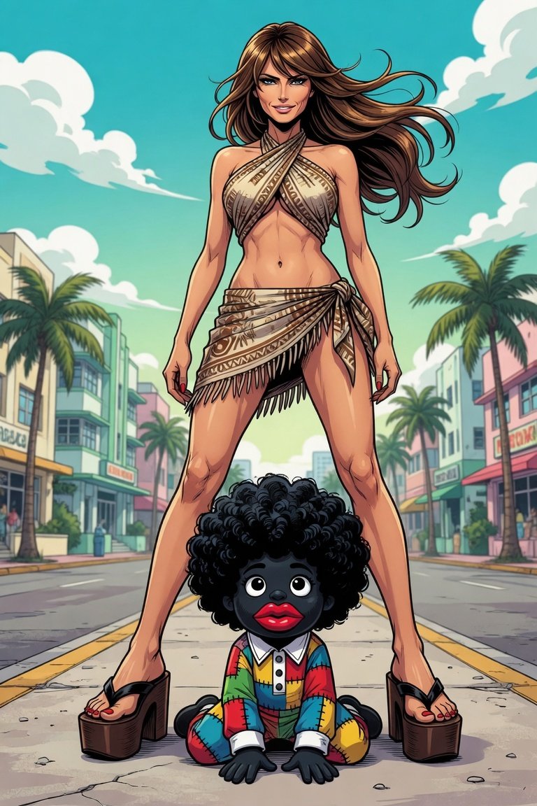megazero26's tweet photo. Melania Trump with brunette hair wearing revealing summer casual outfit and a Golliwog doll who is near her foot enjoying the divine feminine energy and primal nature of Melania Trump #MelaniaTrump #Golliwog #sandals #footfocus https://t.co/vjx0BotTAi
