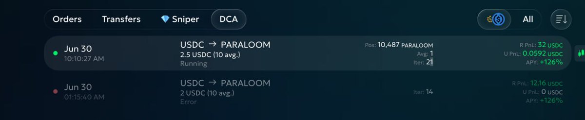 goodcryptox's tweet photo. solana:Br1JxELQYP34YdRW4gbEPLasHEtyz8eCmT2FvmnYpump on Solana

SETUP CODE: TT-KP-93

Another nice-n-steady Solana DCA bot.

126% APY after almost a month.

Still ok(ish) volume and decent liquidity.

I've just relaunched with more aggressive settings to push the APY a bit higher - it looks like the coin can take it.

Setup code I've shared launches my latest (a bit more aggressive) setup.

enjoy!