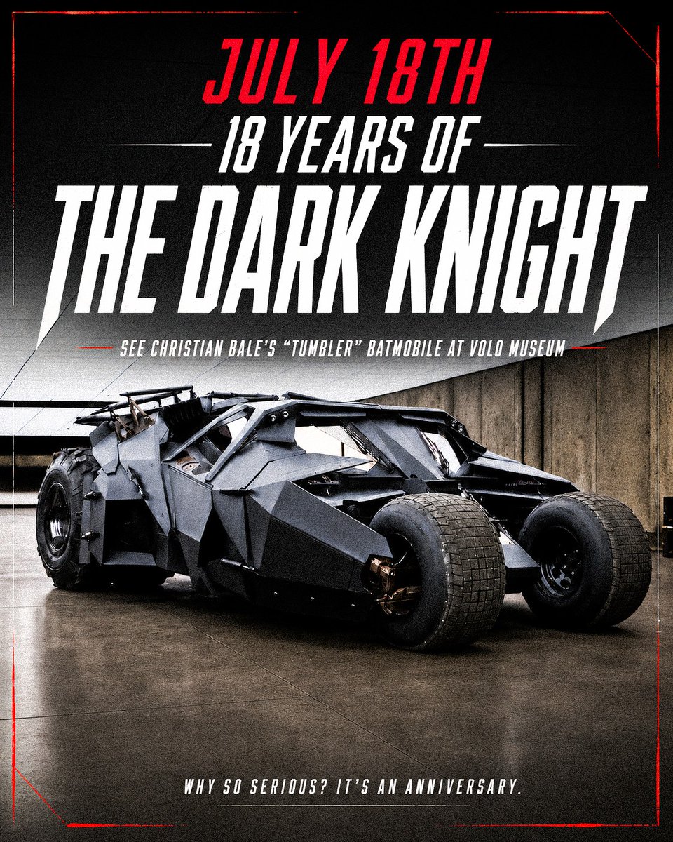 volomuseum's tweet photo. July 18 marks 18 years of The Dark Knight! See one of only five Tumblers built for Christopher Nolan’s Iconic Batman trilogy at Volo Museum! Visit https://t.co/fjcUMJMOXo for more info!
#volomuseum #batman #darknight #tumbler #batmobile https://t.co/3vWkW9GDWI