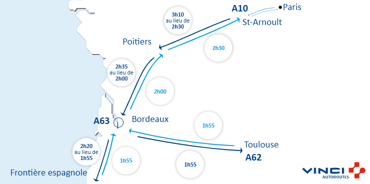 A63Trafic's tweet photo. #Infotrafic à 17h00 ⏱️ Vos temps de parcours sur @A10Trafic, @A62Trafic et @A63Trafic. #BienVoyager #A63 https://t.co/THYYdXug2R