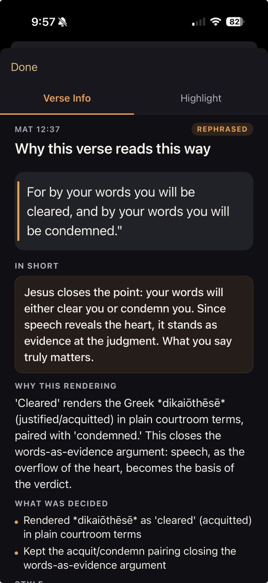 BibleWarden's tweet photo. Tap on any verse and learn why it's rendered the way it is inside the Rephrase layer of Study Mode in Bible Warden. https://t.co/gdoaCupM8s