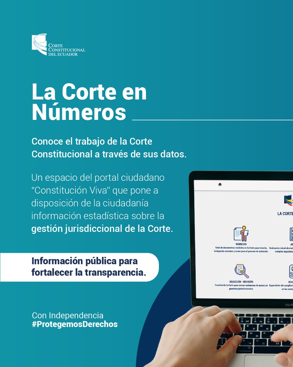 CorteConstEcu's tweet photo. 📊 La Corte en Números te acerca a la información pública sobre la gestión jurisdiccional de la @CorteConstEcu.

Consulta datos sobre ingresos, admisión, sustanciación, selección y revisión, y seguimiento. https://t.co/ZbbSDycwXW