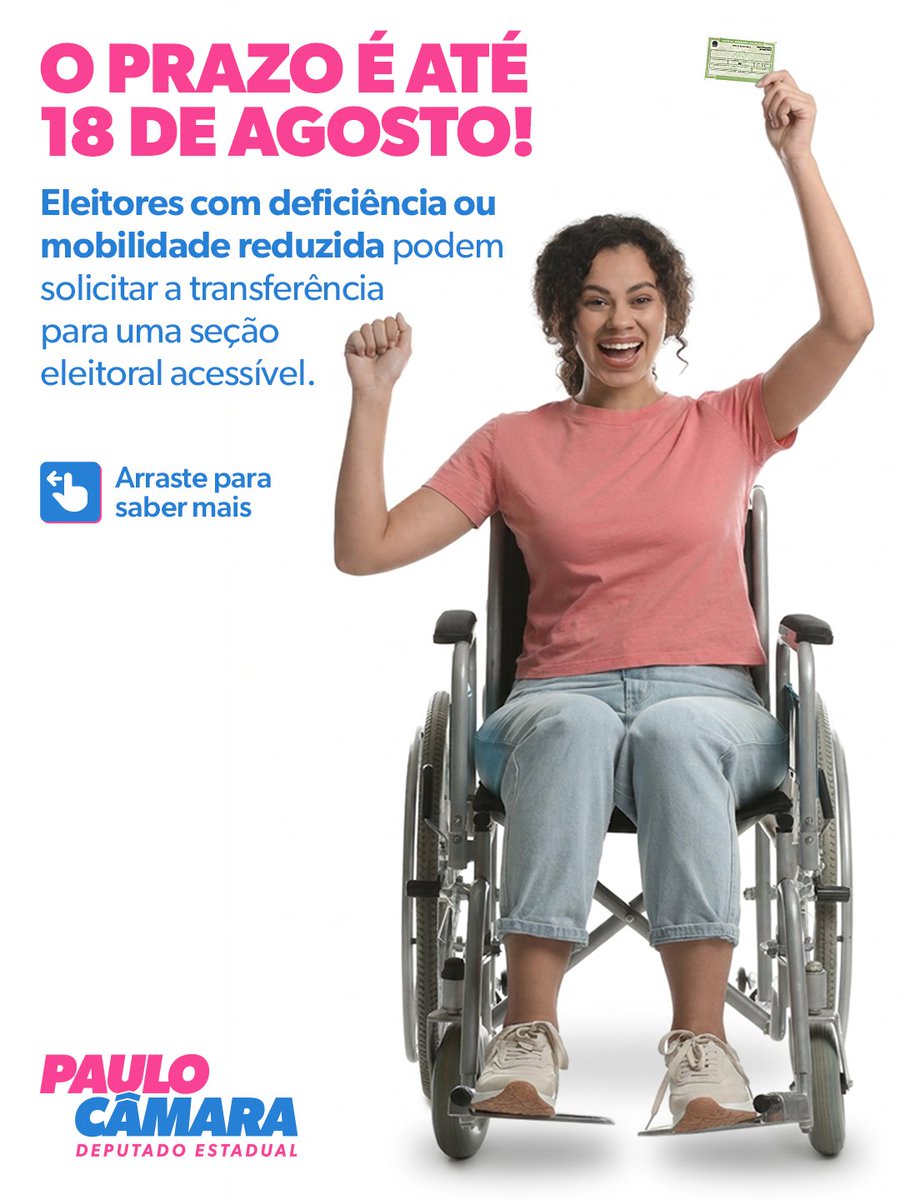 deppaulocamara's tweet photo. Se você tem deficiência ou mobilidade reduzida, pode solicitar transferência para seção eleitoral acessível! Prazo vai até 18/8. Pedido presencial em qualquer cartório eleitoral. Compartilhe com quem precisa saber! 🗳️♿

#PauloCâmara #Acessibilidade #Eleições2026 #Bahia https://t.co/9E0RRd2yD6
