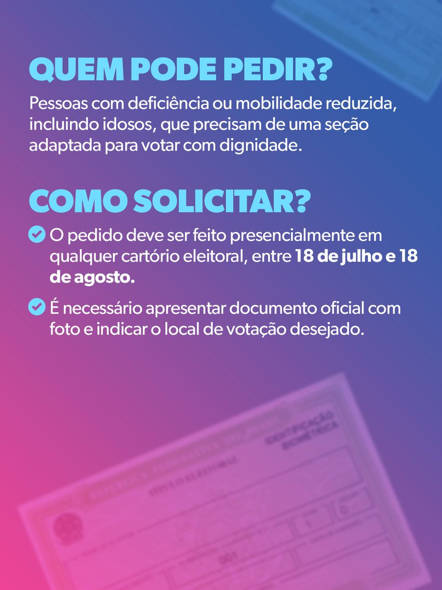 deppaulocamara's tweet photo. Se você tem deficiência ou mobilidade reduzida, pode solicitar transferência para seção eleitoral acessível! Prazo vai até 18/8. Pedido presencial em qualquer cartório eleitoral. Compartilhe com quem precisa saber! 🗳️♿

#PauloCâmara #Acessibilidade #Eleições2026 #Bahia https://t.co/9E0RRd2yD6