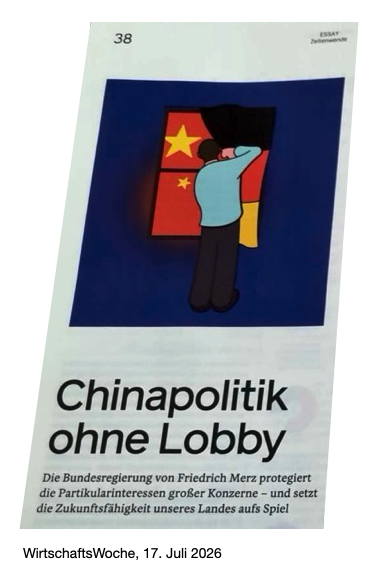 AMFChina's tweet photo. 𝐃𝐞𝐮𝐭𝐬𝐜𝐡𝐥𝐚𝐧𝐝 𝐫𝐞𝐚𝐠𝐢𝐞𝐫𝐭 𝐚𝐮𝐟 𝐝𝐞𝐧 𝐂𝐡𝐢𝐧𝐚-𝐒𝐜𝐡𝐨𝐜𝐤 2.0 𝐰𝐞𝐝𝐞𝐫 𝐦𝐢𝐭 𝐞𝐢𝐧𝐞𝐦 𝐰𝐡𝐨𝐥𝐞-𝐨𝐟-𝐠𝐨𝐯𝐞𝐫𝐧𝐦𝐞𝐧𝐭- 𝐧𝐨𝐜𝐡 𝐦𝐢𝐭 𝐞𝐢𝐧𝐞𝐦 𝐰𝐡𝐨𝐥𝐞-𝐨𝐟-𝐬𝐨𝐜𝐢𝐞𝐭𝐲-𝐀𝐧𝐬𝐚𝐭𝐳. 𝐔𝐧𝐬𝐞𝐫 𝐒𝐨𝐧𝐝𝐞𝐫𝐰𝐞𝐠 𝐥ä𝐬𝐬𝐭 𝐬𝐢𝐜𝐡 𝐚𝐥𝐬 𝐰𝐡𝐨𝐥𝐞-𝐨𝐟-𝐥𝐨𝐛𝐛𝐲 𝐛𝐞𝐬𝐜𝐡𝐫𝐞𝐢𝐛𝐞𝐧. 

Mein Essay „Chinapolitik ohne Lobby" in der aktuellen #WirtschaftsWoche @wiwo.  

Darin argumentiere ich unter anderem: 

Die Deindustrialisierung ist messbar. 

Laut IW-Berechnung hat Deutschland allein zwischen 2019 und 2025 rund 400.000 Industriearbeitsplätze durch Chinas Handelspolitik verloren.

Die Rechnung der Deutschland AG geht nicht mehr auf. 

Wenn VW und BMW in China Gewinne erzielen, ist das nicht mehr zwingend gut für Deutschland. Produktion verlagert, Gewinne an internationale Aktionäre, Arbeitsplätze abgebaut.

Der Lobbyzugriff ist institutionalisiert. 

Die 19. Asien-Pazifik-Konferenz in Seoul leiten Siemens-CEO Roland Busch (Vorsitzender des Asien-Pazifik-Ausschusses der Deutschen Wirtschaft, APA) und Wirtschaftsministerin Katherina Reiche — in dieser Rangfolge. Die neue Chinakommission des Bundestages besetzt ihren BDI-Sitz mit dem Koordinator des APA, also der organisierten China-Lobby. Wie soll unter diesen Bedingungen De-Risking funktionieren? 

Geopolitische Risiken sind bislang noch nicht eingepreist. 

Laut der Rhodium Group würde eine Seeblockade Taiwans die Weltwirtschaft bereits über zwei Billionen Dollar kosten. Und Bloomberg Economics rechnet vor: ein Krieg um Taiwan mehr als zehn Billionen allein im ersten Jahr.

Man weiß, wie prekär die Lage ist. Aber bringt nicht den Mut auf, etwas zu ändern. Wissen ohne Mut nenne ich das.

Dabei gibt es Lösungen:

[1] Durchsetzung des politischen Primats statt Klientelpolitik. 

[2] Eine Konzertierte Aktion von Kanzleramt und Industrie zur nachweisbaren Reduzierung von Abhängigkeiten. 

[3] Ausbau unserer Beziehungen zu Taiwan unterhalb der Schwelle der diplomatischen Anerkennung — nicht aus Idealismus, sondern zur Abschreckung. Ein Krieg in Ostasien träfe Deutschland sofort und hart.

Wer auch hier auf Mut verzichtet, betreibt keine Außenpolitik mehr. 

Sondern Selbstaufgabe.