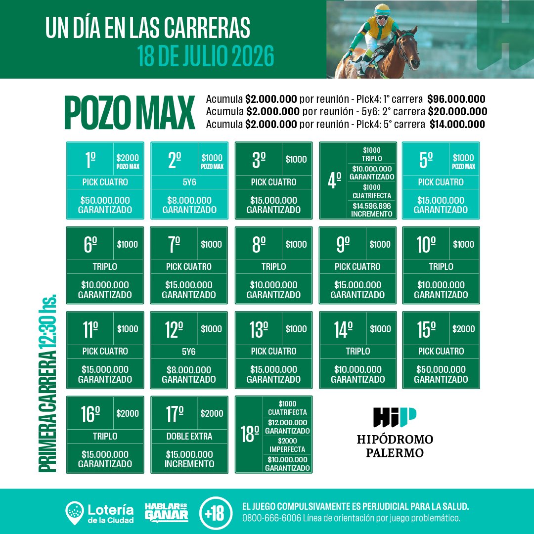 hipalermo's tweet photo. 18 de Julio

El mejor día para ir a las carreras 🏇🏻

Pozos e incrementos por más de $322.596.696

Primera carrera 12.30 hs

¡Viví toda la emoción del turf!

Hipódromo de Turf
Hipódromo Palermo https://t.co/j9RALIZsMZ