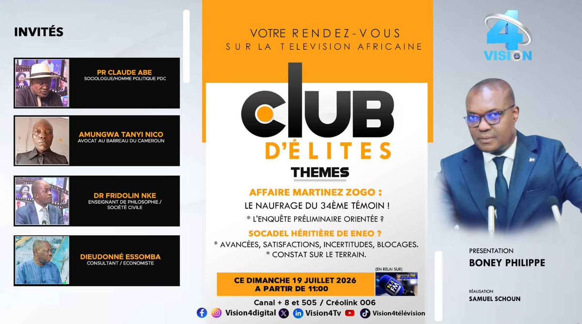 vision4_tv's tweet photo. ⚫🟠CE DIMANCHE 19/07/2026 À PARTIR DE 11H00 NE MANQUEZ SURTOUT PAS VOTRE ÉMISSION DE DÉBAT CLUB D'ÉLITES.
Présentation : BONEY Philippe
🛜 LIVE SUR FACEBOOK ET YOUTUBE
BON WEEK-END À TOUS SUR VISION4 !
008 et 505 de canal+
008 de creolink
#Visionners
#Vision4
#followers https://t.co/BZLP4vlEh4