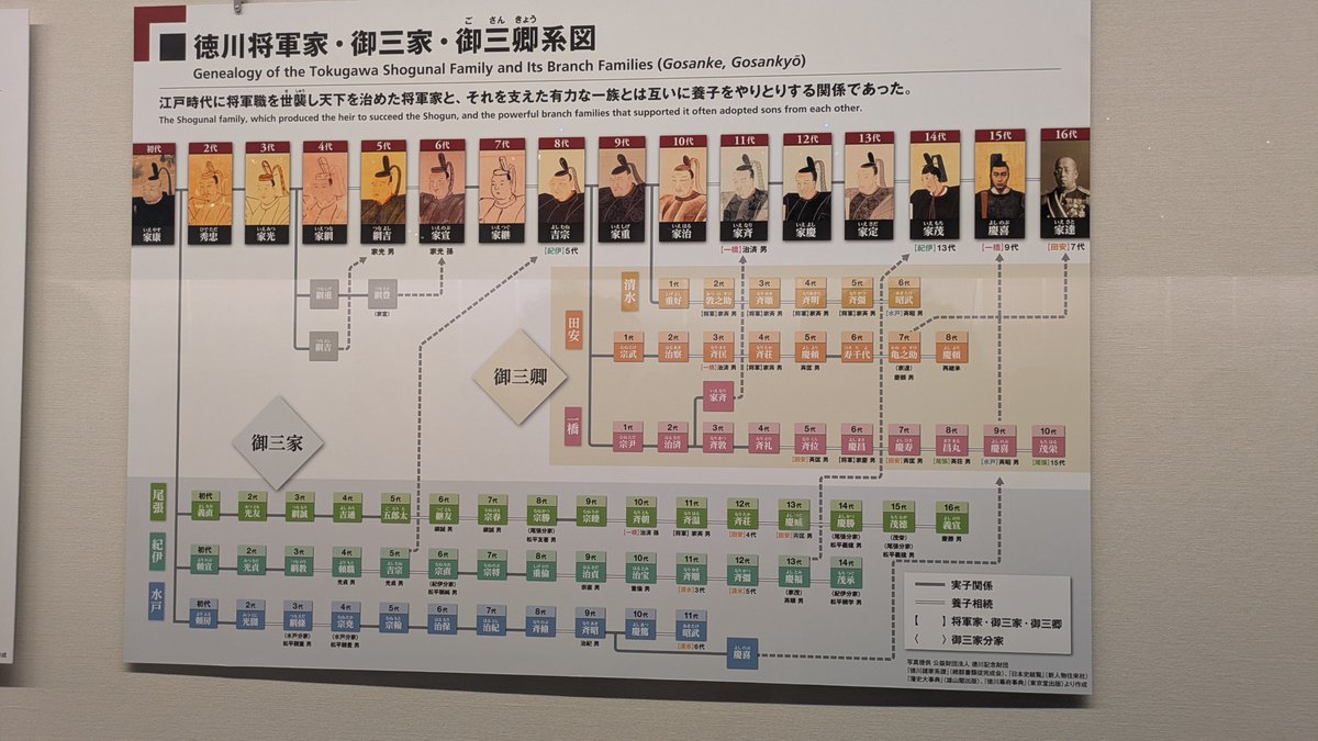 NakamuraMilei's tweet photo. 徳川家の家系図です。１５代のうち６代も養子による継承なんですね。なかには御三家から１５代も離れた養子を取ったケースも。
家系の継続とは、実際容易ではないことを学びました。 https://t.co/nnNi5TGH8C