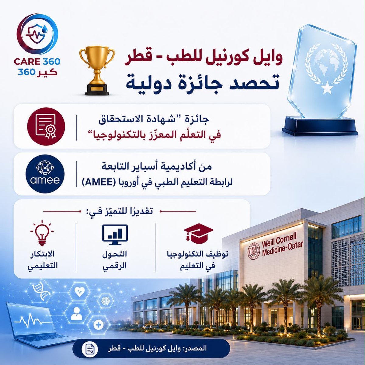 CareQatar360's tweet photo. فازت وايل كورنيل للطب - قطر بجائزة "أسباير" الدولية المرموقة تقديراً لإنجازاتها المؤسسية اللافتة في مجال التعلّم المعزّز بالتكنولوجيا. وهذه الجائزة تمنحها "أكاديمية أسباير"، المنضوية تحت مظلة رابطة التعليم الطبي في أوروبا (AMEE) الرائدة في مجال تعليم المهن الصحية.
والجائزة التي فازت بها وايل كورنيل للطب – قطر، المسماة "شهادة الاستحقاق في التعلّم المعزّز بالتكنولوجيا"، سيتمّ تسليمها خلال مؤتمر رابطة التعليم الطبي في أوروبا 2026، المقرّر عقده في وقت لاحق من هذا العام في العاصمة النمساوية فيينا.
#وايل_كورنيل_للطب_قطر #تعليم_طبي #الابتكار #جوائز_أسباير #كير360

@WCMQatar