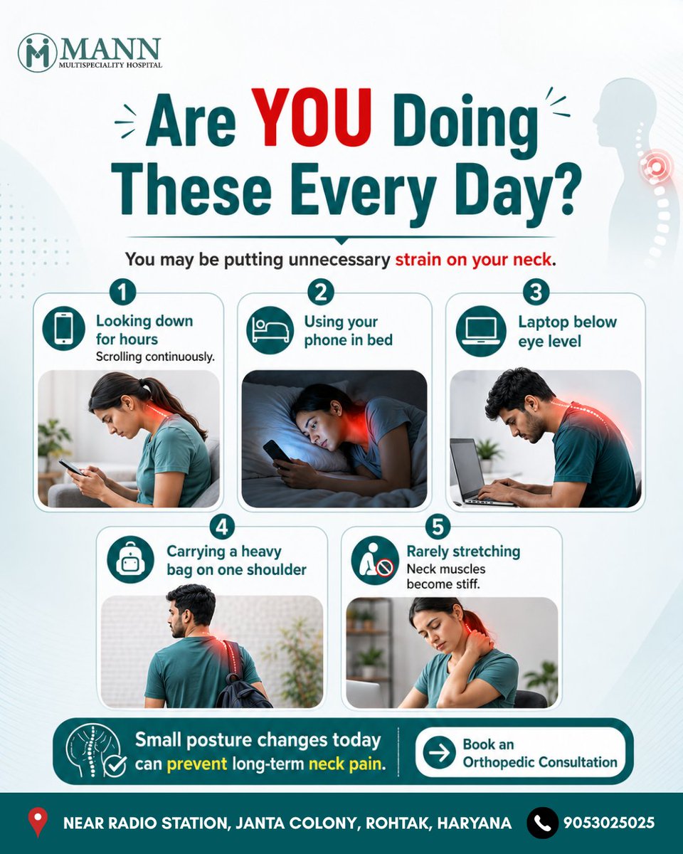 MannHosp9426's tweet photo. Is your phone draining your neck silently every day?📲𖠣
The constant tilt of your neck could be the reason for pain in your neck. Every inch of your bend matters.
📍 Mann Multispeciality Hospital Rohtak
📲 Emergency 90530 25025
#screentime #neckpain #posture #orthopedics #mann https://t.co/ZkfEnOKo2v