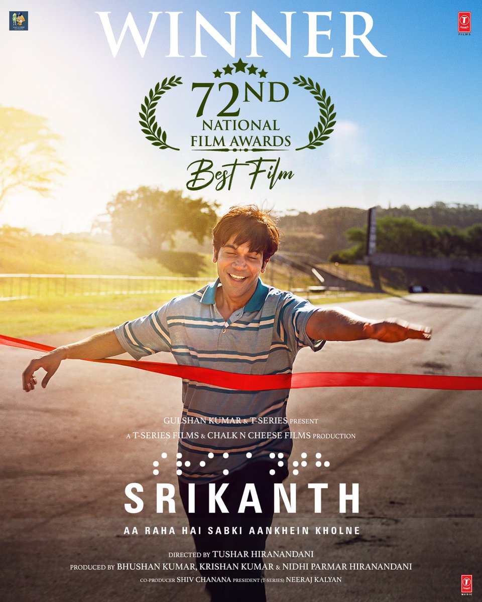 Freak4Salman's tweet photo. A well-deserved standing ovation for team #Srikanth! Best Feature Film award secured at the 72nd National Film Awards!
What a win for #BhushanKumar, Nidhi Parmar, #TusharHiranandani, and #RajkummarRao! https://t.co/pTAnBiZCEi
