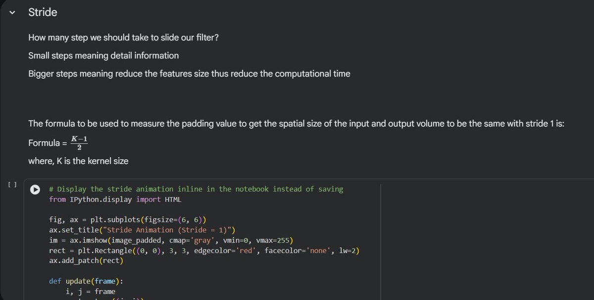 SadikshyaDkl's tweet photo. #LSPPDay48 
Today I learned how Stride and Padding work in CNNs. I explored how they affect feature map size and visualized the convolution process using numerical examples. 
@lftechnology
#60DaysOfLearning2026 #LearningWithLeapfrog https://t.co/cyPm4tXoQ8