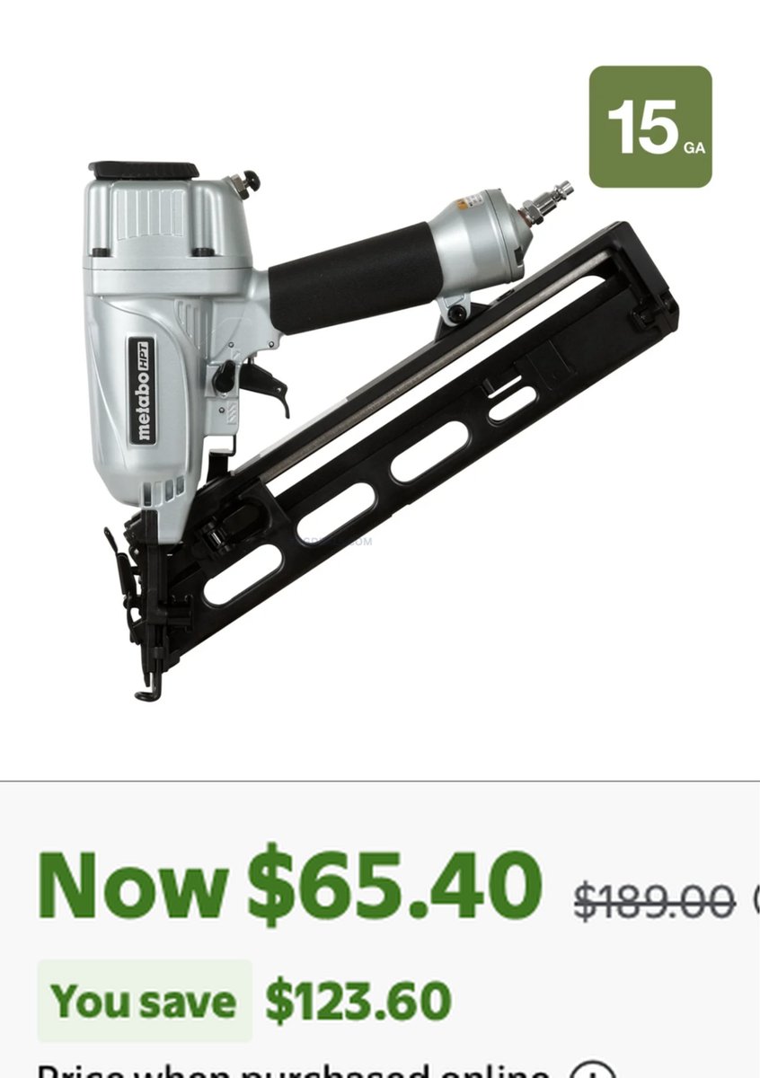 thedealsguy_'s tweet photo. $65.40 METABO ANGLED FINISH NAILER, WAS $189

This is currently $123.60 off at Walmart. They got some solid clearance deals today. Like Follow.  🔥

https://t.co/bFgBu8udu2

Free shipping and free 90-day returns 

#WalmartPartners #Ad https://t.co/R5gw6izv8s
