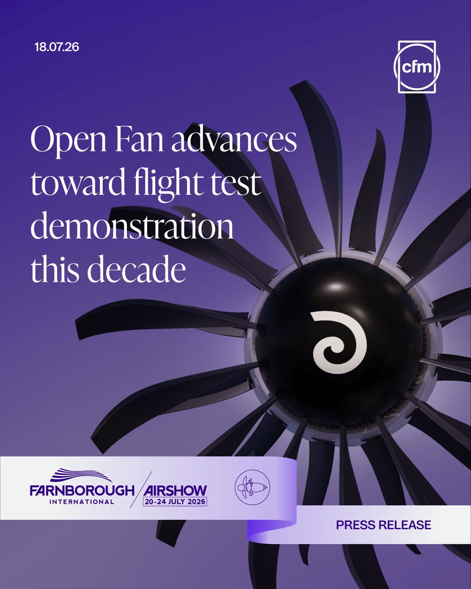 CFM_engines's tweet photo. [#PressRelease] Open Fan advances toward flight test demonstration this decade   
 
@CFM_engines announced today ahead of @FIAFarnborough new design and test milestones reached for the #RISE program, a suite of #technologies in development for next-generation #aircraft propulsion.
 
Since the launch of the program in 2021, approximately 500 test campaigns have been conducted on advanced engine architectures like Open Fan, compact core, and #hybrid electric systems.
 
The collaborative effort of more than 2,000 CFM engineers worldwide drives the continuous maturation of these advanced engine architectures.
 
The #CFMRISE program prioritizes safety, durability, and efficiency, targeting a more than 20% reduction in fuel burn and CO2 emissions compared to current commercial engines.
 
Continued dedication to technological leadership ensures that the global aviation industry remains equipped with the most advanced, efficient propulsion systems for decades to come. 
 
Read more: https://t.co/G577kLeKuc