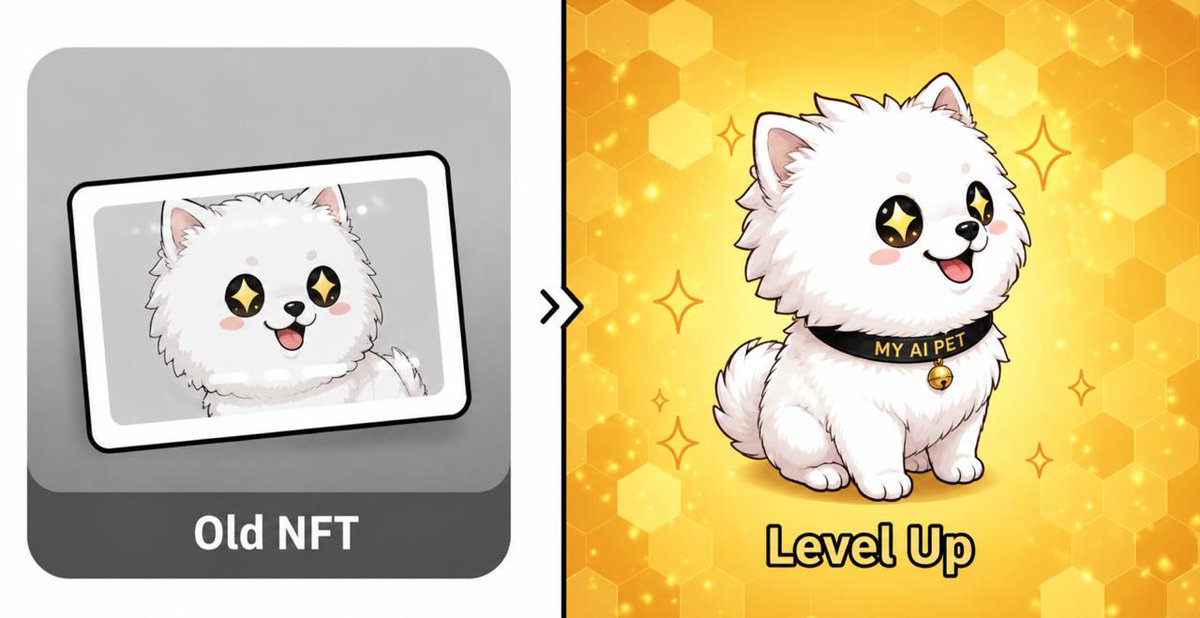 MYAIPETS's tweet photo. NFTs vs AI Pets — what's actually different? 🐾

📌 Static NFT: you own it. That's it.
📌 My AI PET: it checks in. Evolves. Creates content. Earns — daily.

On-chain ownership + living AI companion + real utility = a whole new asset class.

This is CompanionFi. Not just collect. Raise. 👇