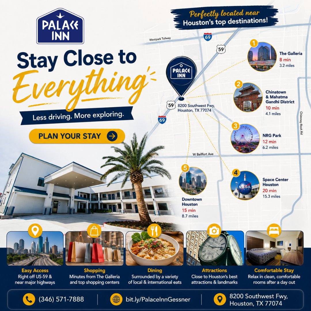 PalaceIGessner's tweet photo. Palace Inn Blue US-59 &amp; Gessner puts you within easy reach of shopping, dining, and Houston attractions. 

Which Houston attraction is your favorite?

Book now: https://t.co/gwskhgtFR9

#HoustonHotels #TravelSmart #VisitHouston #StayLocal #PalaceInnBlue https://t.co/9GHhwWHyz4