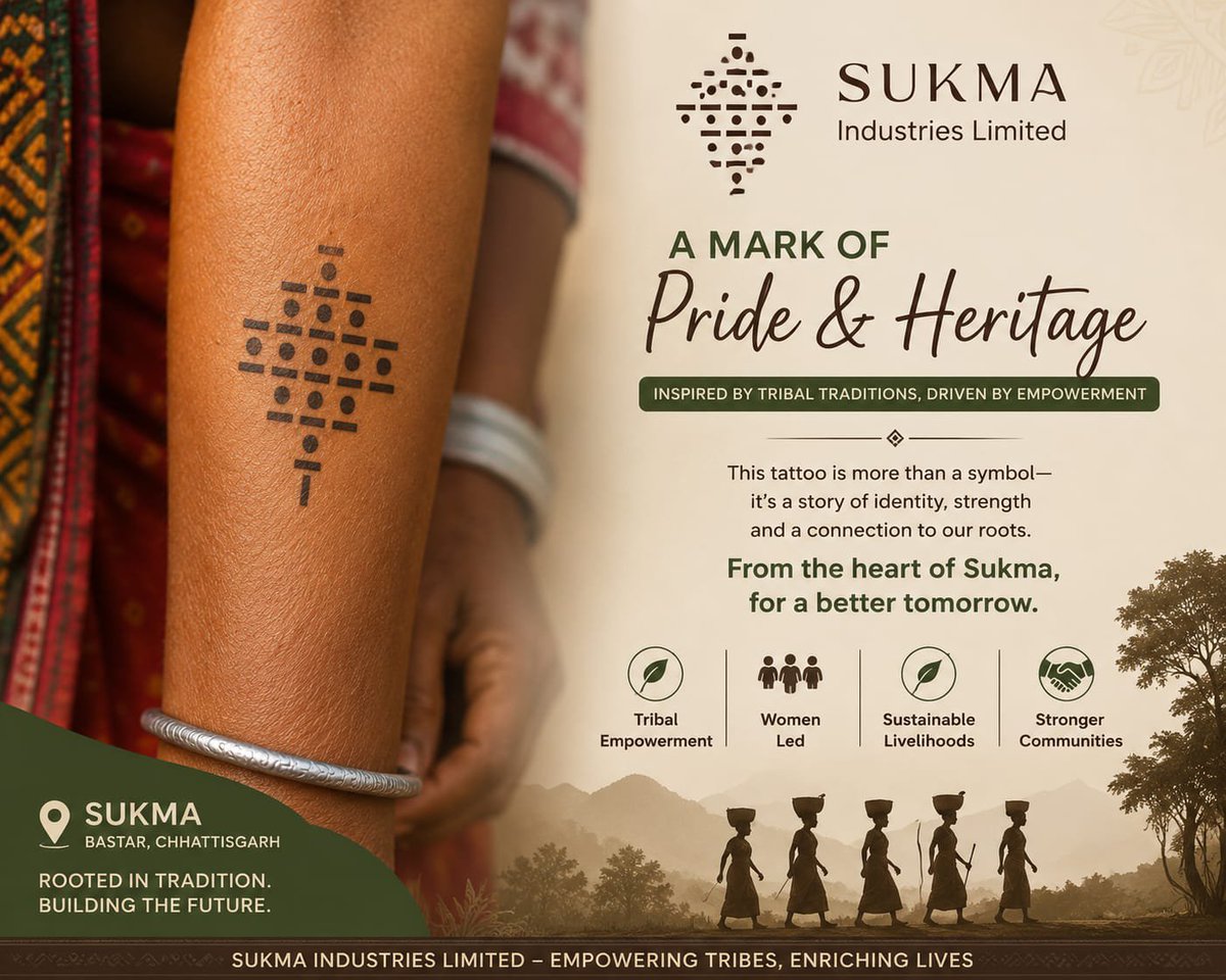 sukmaindia's tweet photo. A Mark of Pride &amp; Heritage

Every symbol tells a story. This traditional tribal tattoo is more than body art—it represents identity, culture, resilience, and generations of wisdom passed down through the communities of Bastar.

#AMarkOfPrideAndHeritage #SukmaIndustriesLimited https://t.co/hmx2JsfHIS