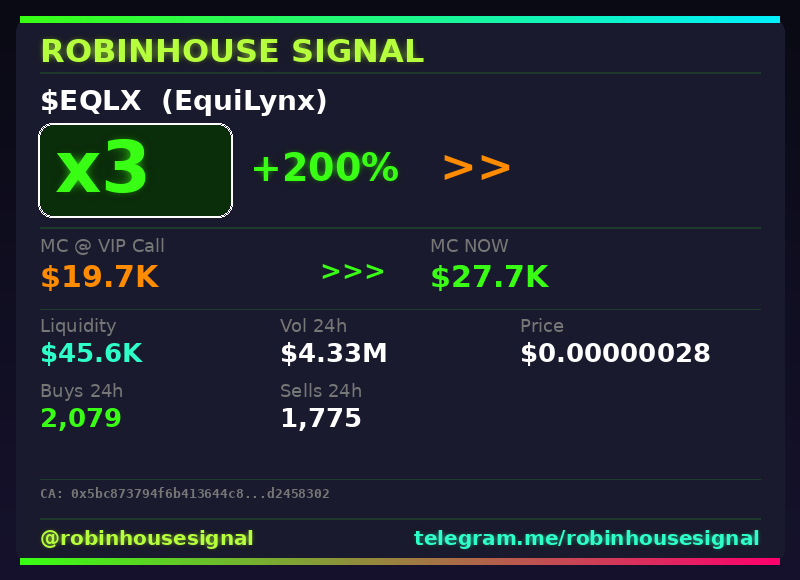 robhousesignal's tweet photo. $EQLX keeps running β 3x β
π Called at $19.7K MC β now $27.7K
π§ Spotted by our on-chain filter before the pump β link in bio
#EQLX #robinhousesignal #100x #altcoin #trading https://t.co/um8kyllYDV