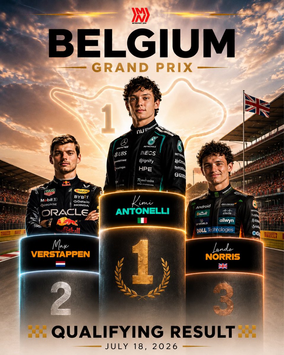 MotorsportsNew's tweet photo. 🚨 Antonelli takes another pole position! 👊🏻
Kimi is unstoppable! He secures his 6th pole position this season with Verstappen starting right behind him! #F1 #F12026 #BelgianGP #Sports #News https://t.co/cXm4GPkMBk