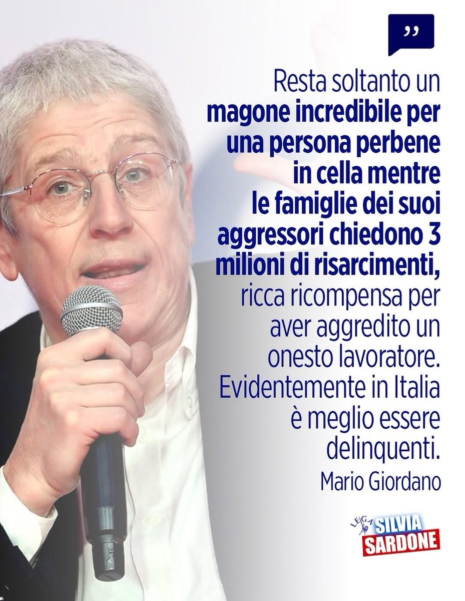 Virna25marzo's tweet photo. MARIO GIORDANO 
"Resta soltanto un magone incredibile per una persona perbene in cella mentre le famiglie dei suoi aggressori chiedono 3 milioni di risarcimenti, ricca ricompensa per aver aggredito un onesto lavoratore. Evidentemente in Italia è meglio essere delinquenti." https://t.co/JNLDPmPxts