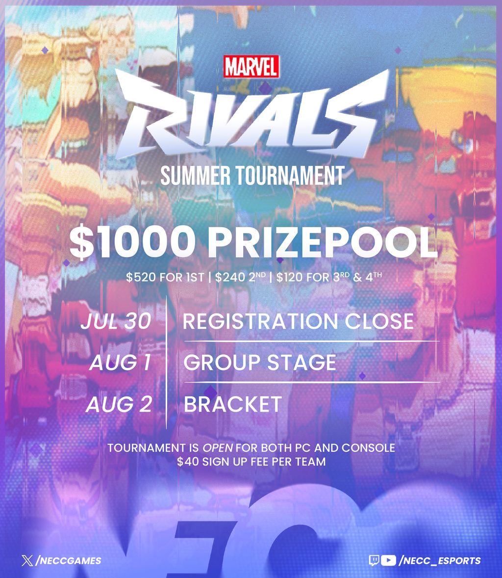 neccgames's tweet photo. 🌴 MARVEL RIVALS SUMMER TOURNAMENT 🌴

The NECC Marvel Rivals Summer Tournament registration is now OPEN! 

🗓️ - Aug. 1-2
💰 - $1,000 prize pool
🎮 - PC & Console
🏫 - Open to full-time college students (multiple teams per school allowed)

Registration closes July 30 at 11:59 PM EDT, register below!👇