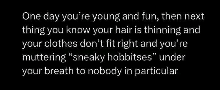 WaitaJonathan1's tweet photo. One day you're young and fun, then the next thing you know is that your hair is thinning and your clothes don't fit right and you're muttering "sneaky little hobbitses" under your breath to nobody in particular. https://t.co/kBa61RX0vw