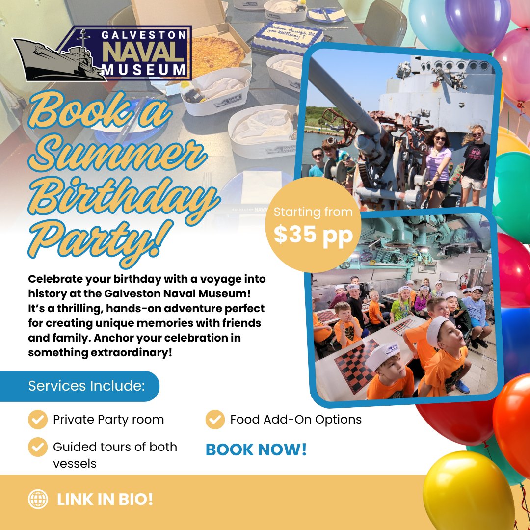 galvnavalmuseum's tweet photo. BOOK A BIRTHDAY PARTY TODAY!
BOOK NOW➡️ https://t.co/IBa1kLmcZG
#birthday #hbd #party #kidsparty #historicships #texas #galveston #houston #museum #travel #usnavy #history #navalhistory #familyfun #edu #tours #thingstodohouston #igtx #fyp #ww2 #galvestonhistory #restorations https://t.co/6qhQaFvk2p