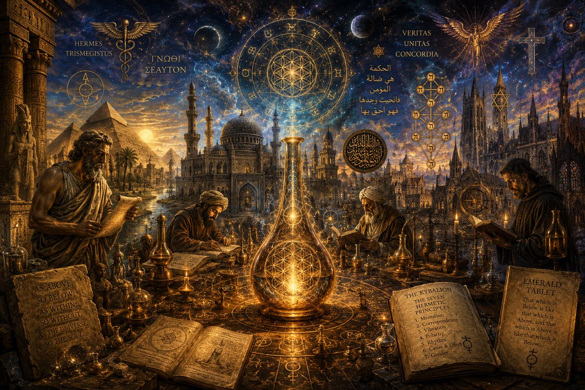 Junng369's tweet photo. Alchemy emerged in Hellenistic Egypt (around the 1st century CE), blending Greek philosophy, Egyptian metallurgy, and mysticism.

It spread through the Islamic Golden Age and into medieval Europe, where it intertwined with Hermeticism, astrology, Kabbalah, and Christian mysticism.

#Alchemy #HistoryOfAlchemy #Hermeticism #IslamicGoldenAge #Kabbalah #EsotericHistory #MedievalAlchemy