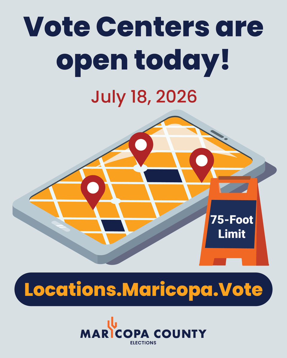 MaricopaVote's tweet photo. Vote Centers are open today, July 18! If you can't make it to the polls on Election Day, you can vote today instead. Find a Vote Center and view hours of operation at https://t.co/W3MsThK5Va.

¡Los Centros de Votación están abiertos hoy, 18 de julio! Si no puedes votar el Día de la Elección, puedes hacerlo hoy. Encuentra un Centro de Votación y consulta su horario en https://t.co/JexJ4D5R5H.