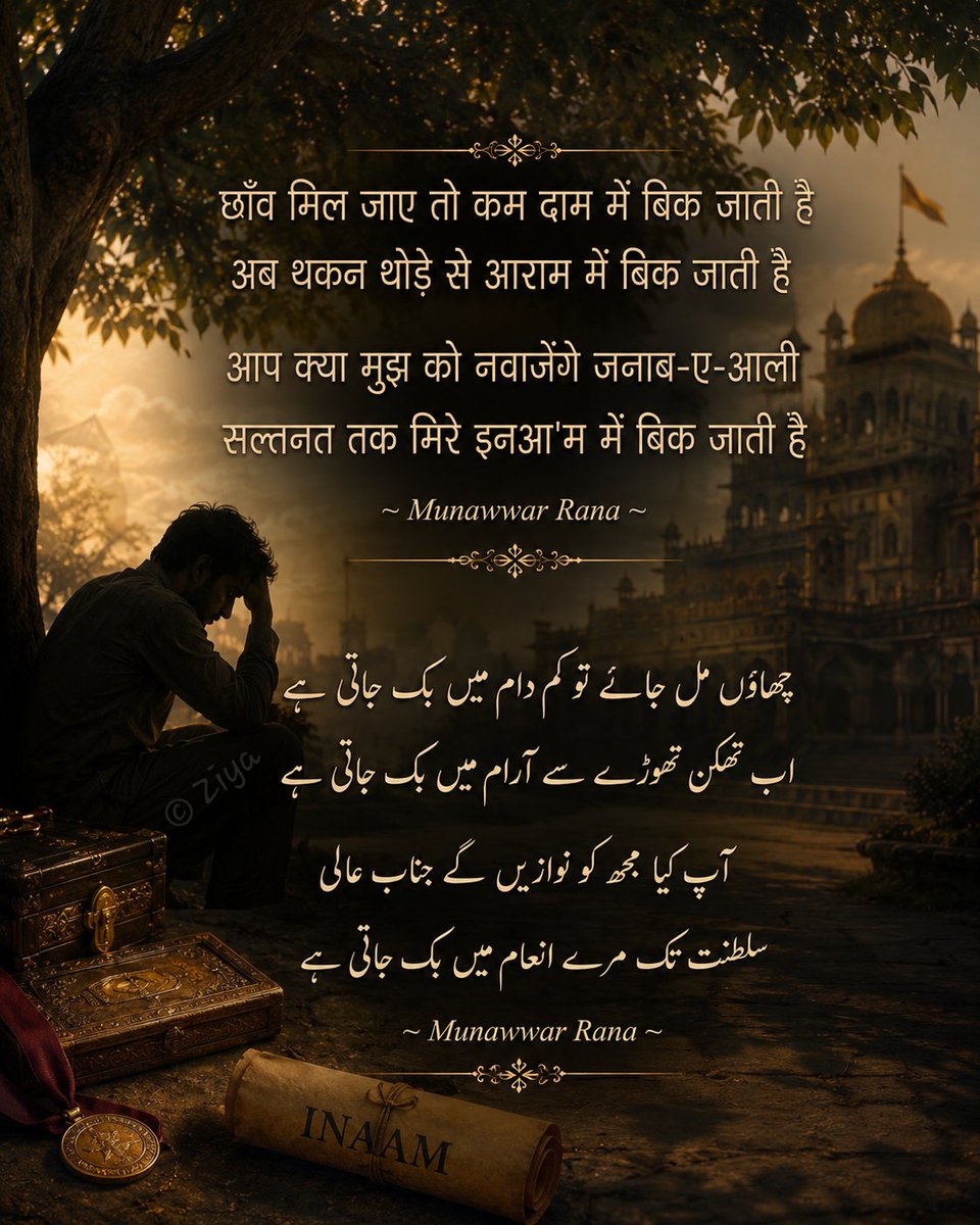 MunawwarRana's tweet photo. छाँव मिल जाए तो कम दाम में बिक जाती है
अब थकन थोड़े से आराम में बिक जाती है
��प क्या मुझ को नवाज़ेंगे जनाब-ए-आली
सल्तनत तक मिरे इनआ'म में बिक जाती है
~ Munawwar Rana ~
#MunawwarRana #MunawwarRanaSahab #Shayari #Urdu #Hindi #Ghazal
@ZiyaNaeem https://t.co/VIDTUtHvce