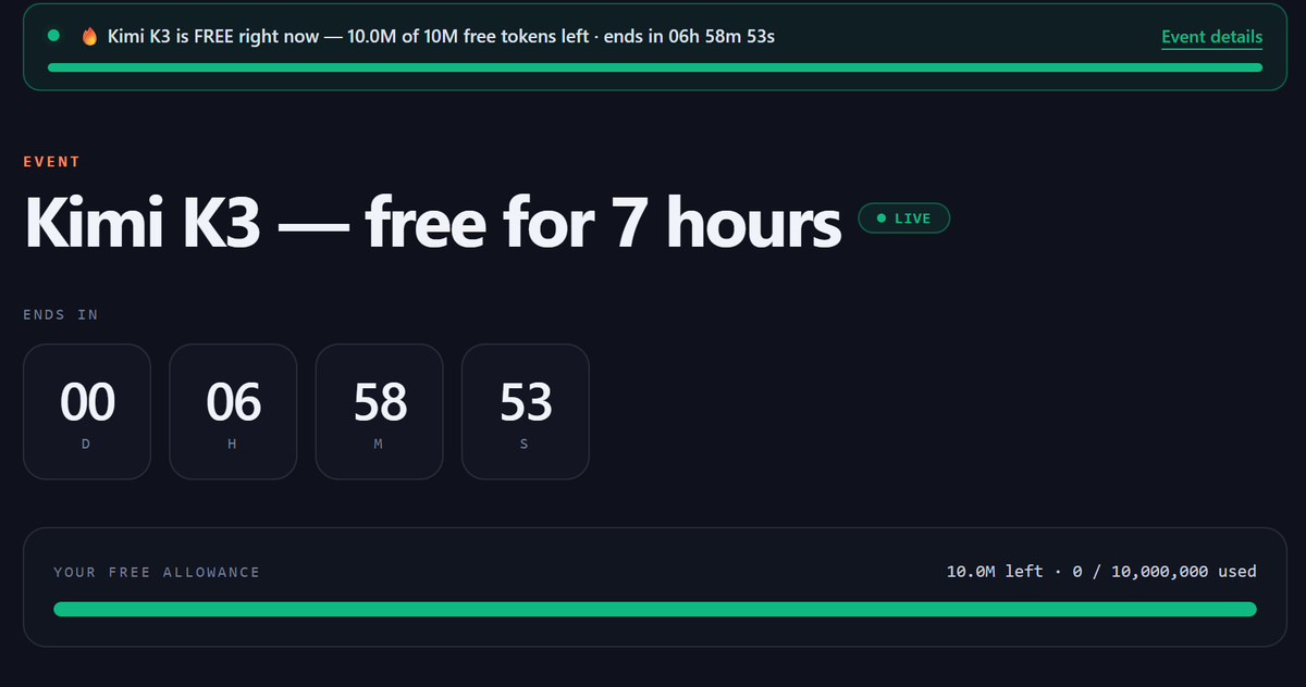 Agress_a's tweet photo. Kimi K3 is open for free API access right now. 10 million token context.

What you can actually do with that:
- Drop a whole repo in and ask it to refactor
- Stack 50+ PDFs and have it summarize across all of them
- Long-running agent sessions without context cutoff
- Link 👇 https://t.co/R3RLBDUBc4