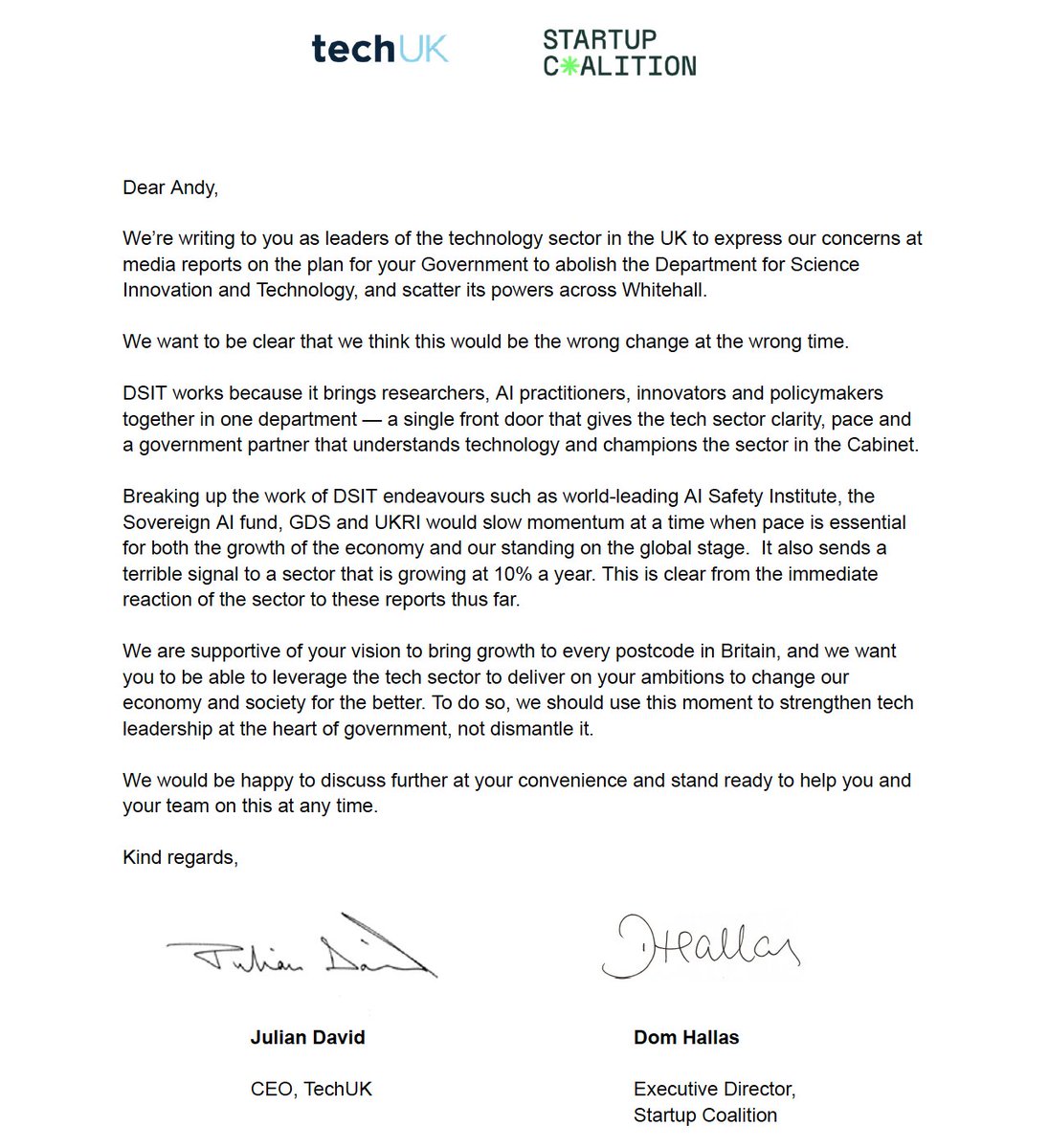 StartupCltn's tweet photo. In recent days, there have been strong rumours that the new administration will abolish @SciTechgovuk and scatter tech across Whitehall. 

We've written to Andy Burnham with @techUK to say this is the wrong move at the wrong time. 

Read our letter here 👇 https://t.co/oCYCFfd0hl