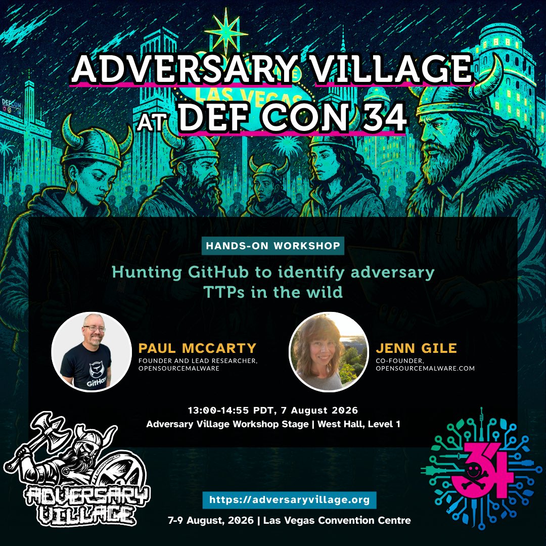 AdversaryVillag's tweet photo. #HandsOnWorkshop
Adversary Village at @defcon 34!
@eastsidemccarty and Jenn Gile from @ossmalware will be presenting “Hunting GitHub to identify adversary TTPs in the wild” at the Adversary Village Workshop Stage.
Adversary Village schedule:
https://t.co/1wQtkMix52 https://t.co/EWqcrv4wRl