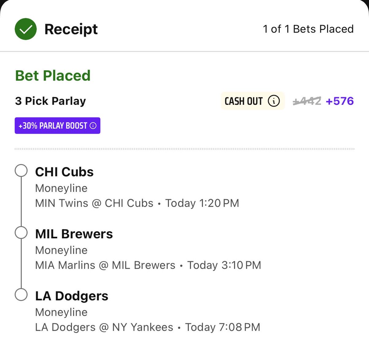 CouchCoachTales's tweet photo. The Saturday Hangover ticket, not gonna watch just gonna log into DK to click the withdraw button tonight🔒 #Cubs #Brewers #Dodgers https://t.co/mjCYyfXZMC