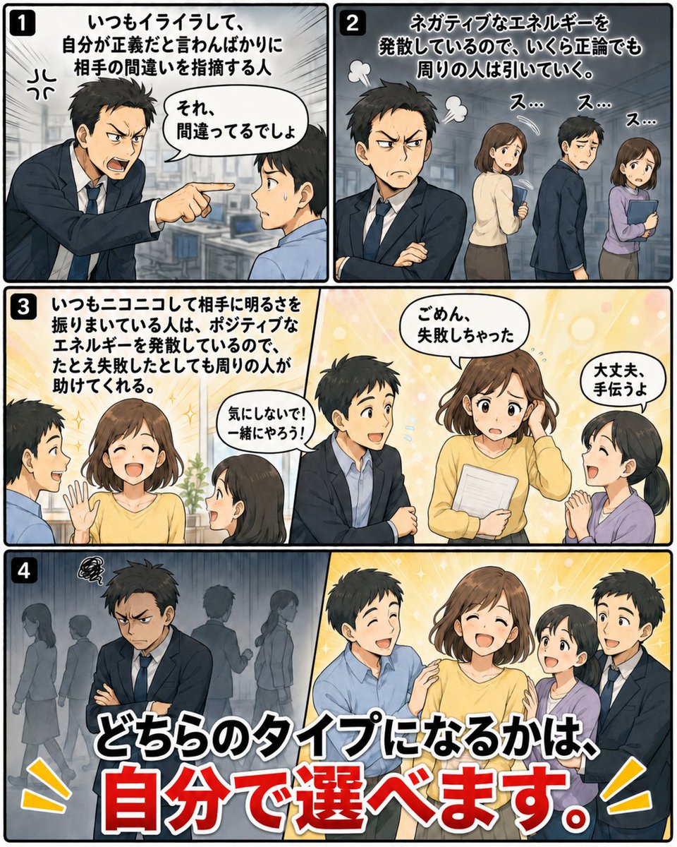 mind_resilience's tweet photo. いつもイライラして、自分が正義だと言わんばかりに相手の間違いを指摘する人は、ネガティブなエネルギーを発散してるので、いくら正論でも周りの人は引いていく。

それに対して、いつもニコニコして相手に明るさを振りまいている人は、ポジティブなエネルギーを発散してるので、たとえ失敗したとしても周りの人が助けてくれる。

どちらのタイプになるかは自分で選べます。